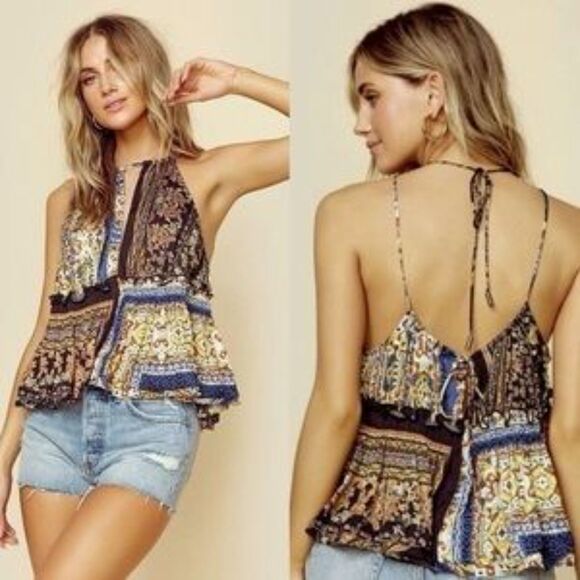 Free People Bellini patchwork tank black combo slit front sleeveless top size L - Picture 1 of 13